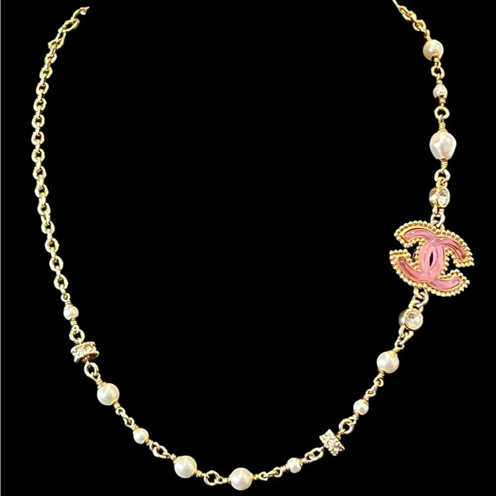 CHANEL Gold Chain Necklace with Pink Enamel CC Strass and Pearl Accents - Picture 6 of 9